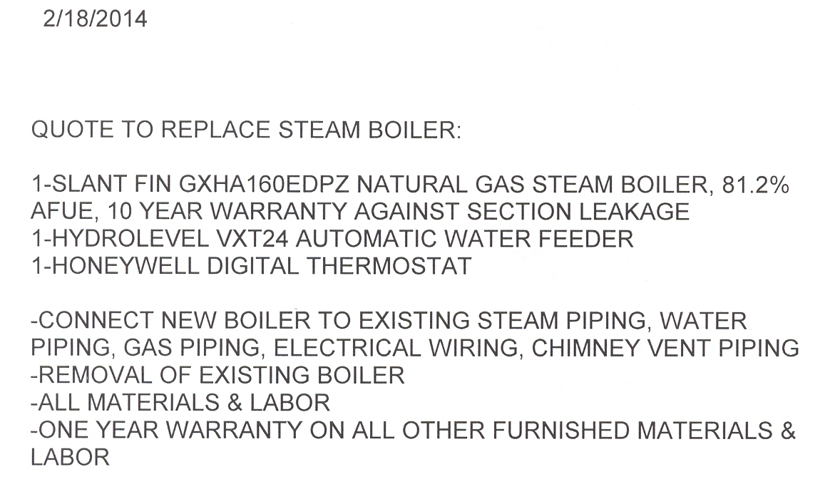Steam boiler replacement quote — Heating Help The Wall